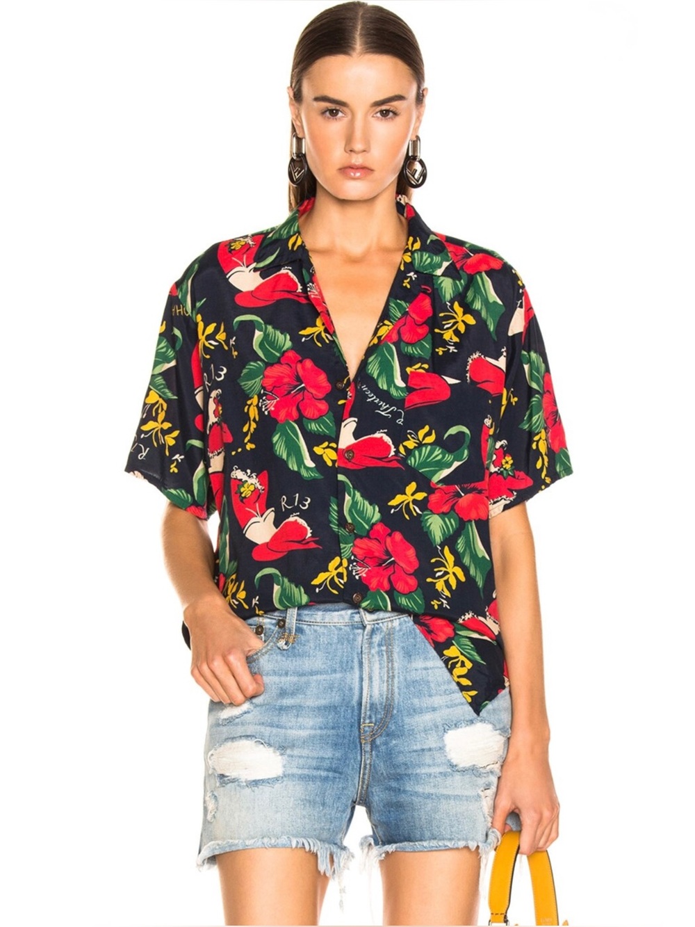 R13 | Hawaiian Shirt in Red Lady Print, Size Large